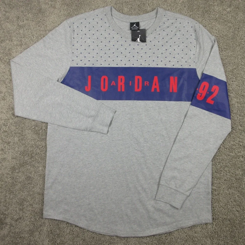 Air Jordan Shirt Mens 2XL Gray Blue Striped Long Sleeve Basketball Casual Tee
